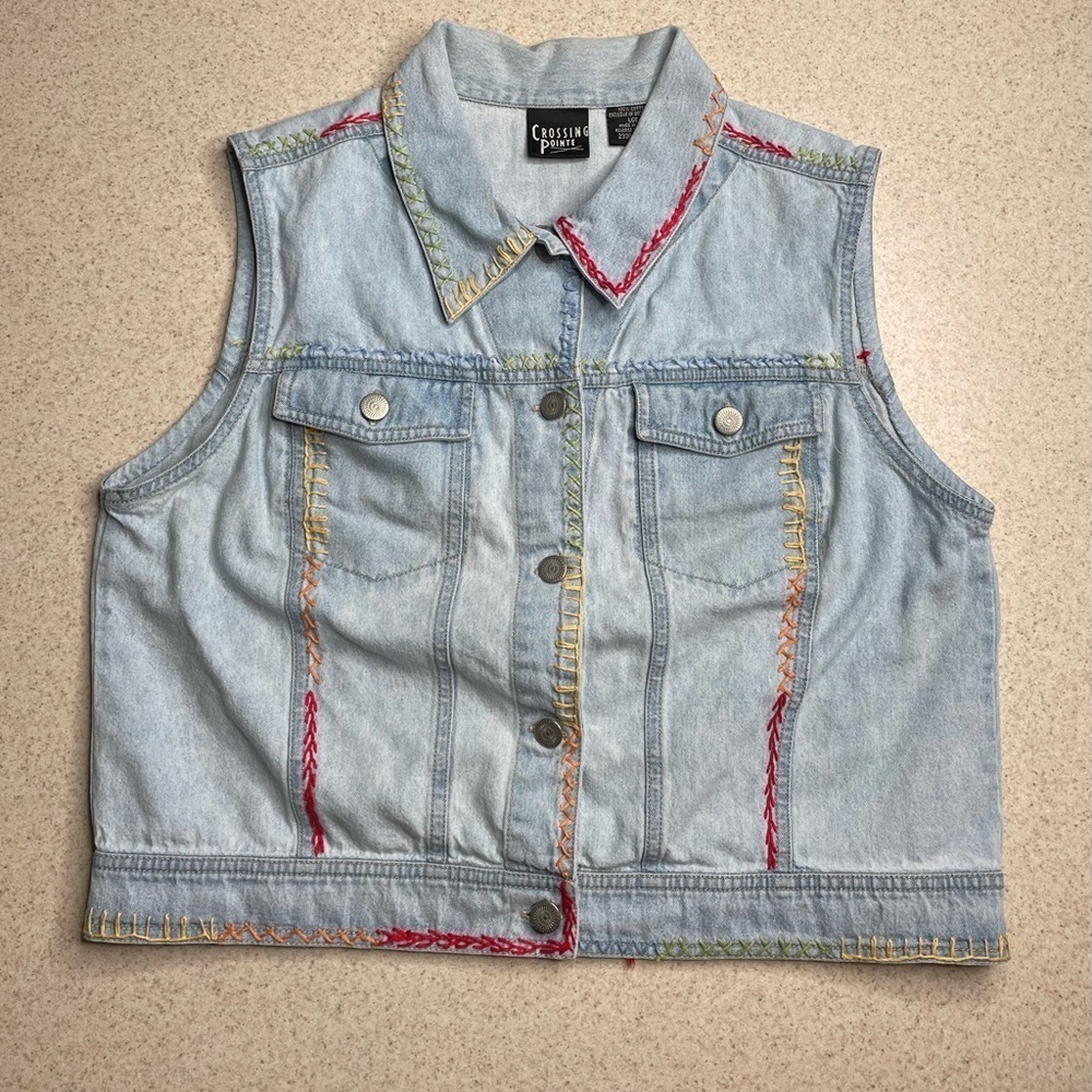 Denim Cotton Vest Colorful Contrast Stitching Size Large - Picture 3 of 7